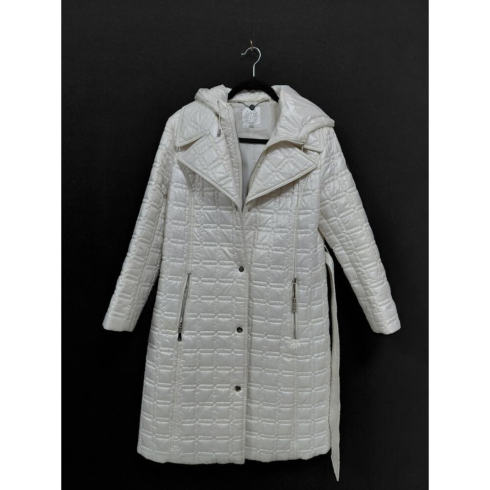 DAWN LEVY Quilted Hooded Coat White Long Sleeve Women See Measurements